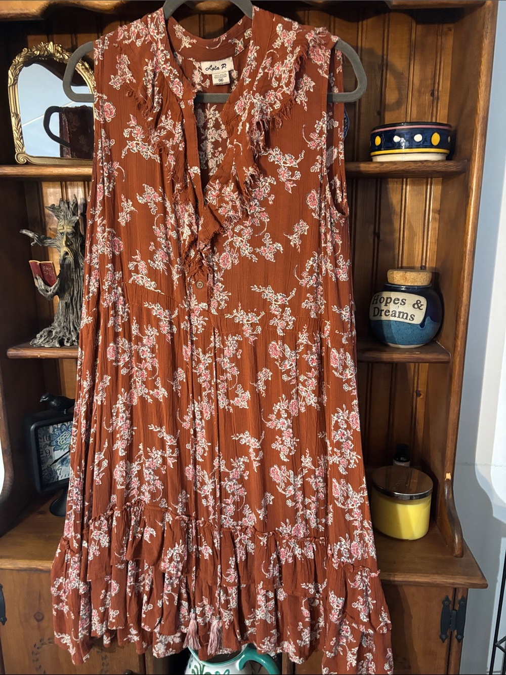 Sleeveless Floral Ruffle Midi Dress in Rust with Pink & White Blossoms